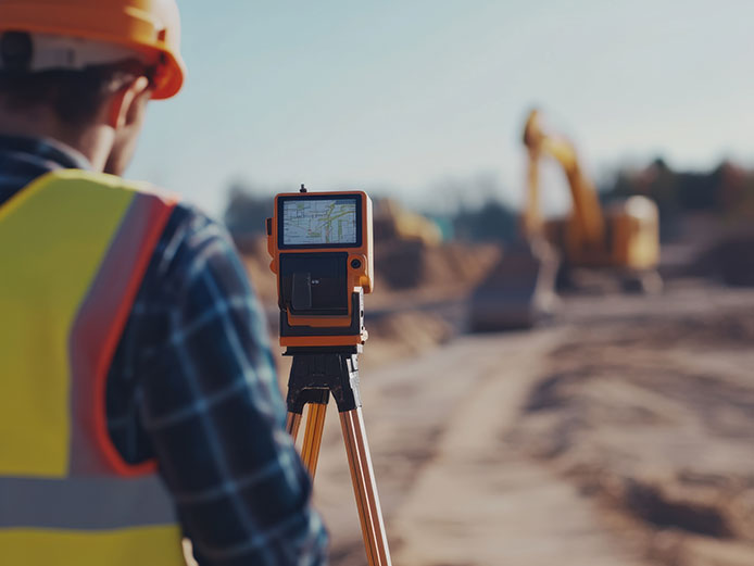 A construction surveyor using digital surveying equipment at a warehouse construction site with excavation work in the background.