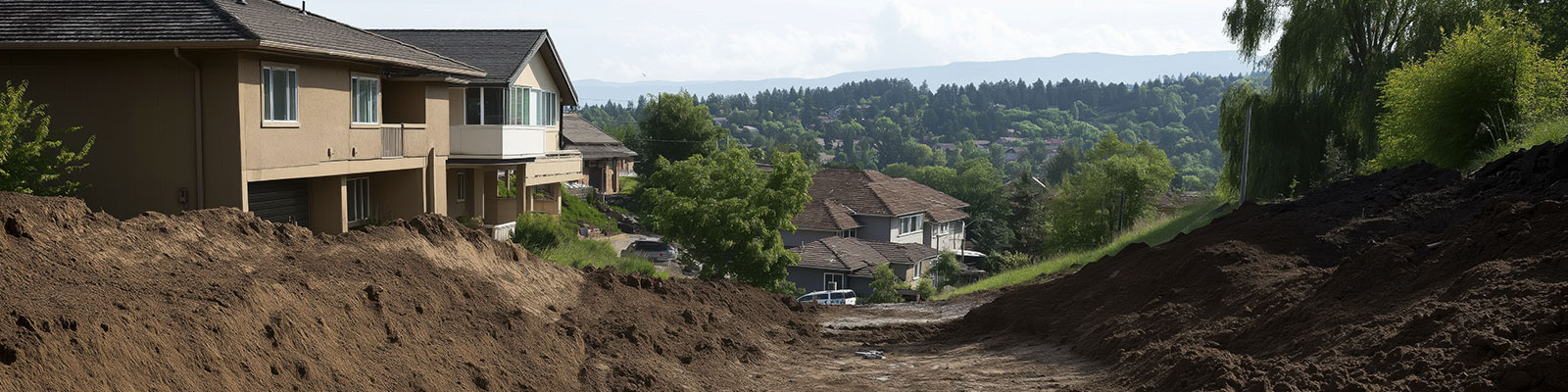 Excavation site in residential neighborhood with dirt mounds beside houses and scenic hillside backdrop.
