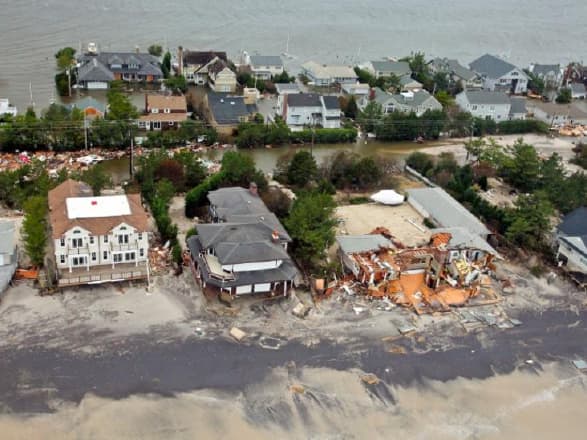 Overhead view of a hurricane aftermath on the coast